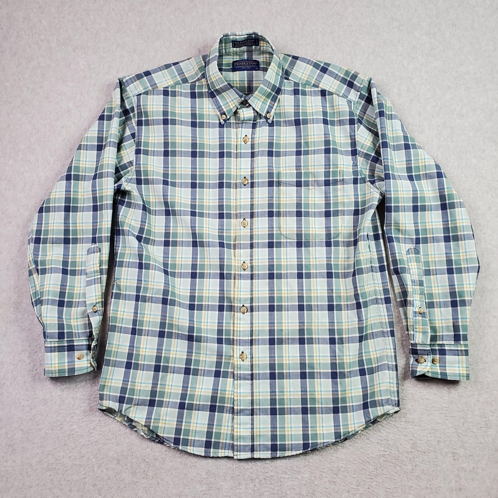 Pendleton Shirt Mens Medium Blue Green Sir Pendleton Plaid Wool Button Down